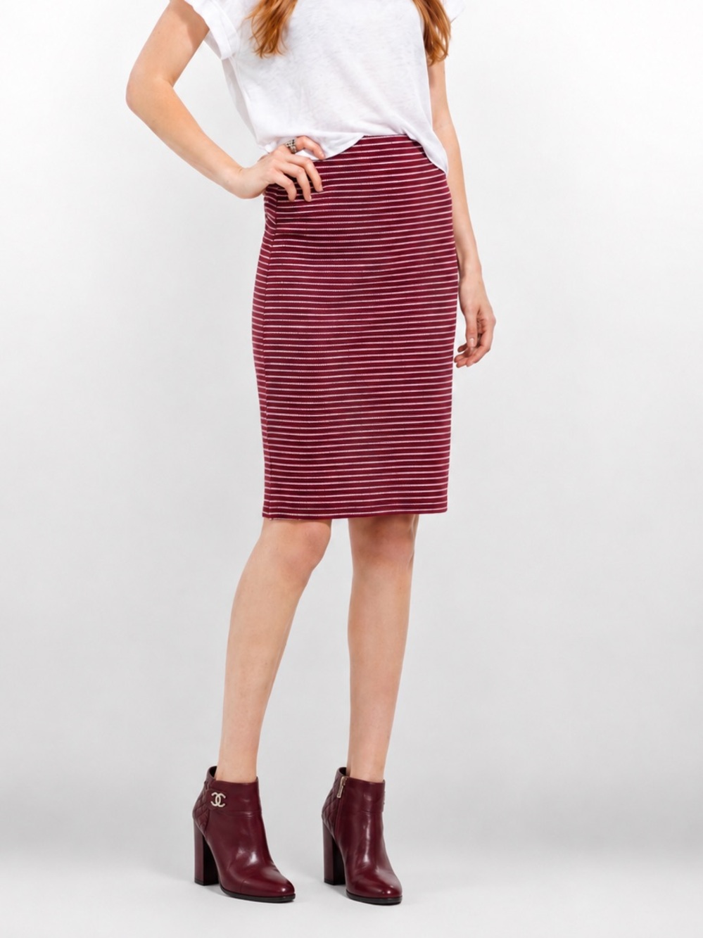 LuLaRoe Cassie Pencil Skirt L Burgundy White Stripe Stretch Knee Length
